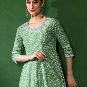 Green Printed Anarkali With Embroidered Yoke