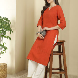 Women Keyhole Solid Staright Three Fourth Sleeve Pure Cotton Kurta