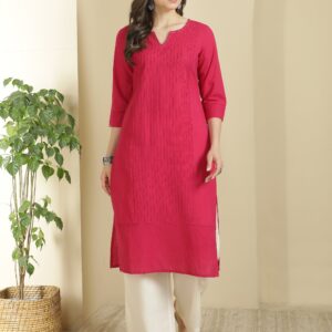Women Keyhole Solid Staright Three Fourth Sleeve Pure Cotton Kurta