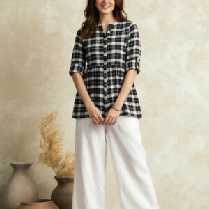 Checked Cotton Short Kurti With Gathered Detail With Flared Palazzos