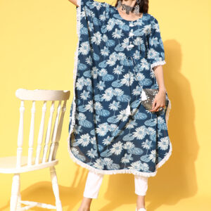 A Blue Cotton Floral Printed Kaftan With With Laced Embellishments