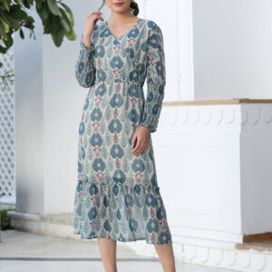 Blue Ikat Digital Printed Wrap Look Gerogette Dress