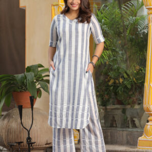 White & Blue Striped Yarn-Dyed Cotton Kurta With Palazzo