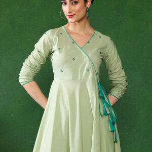 Light Green Angrakha Style Cotton Flared Kurta With Palazzos