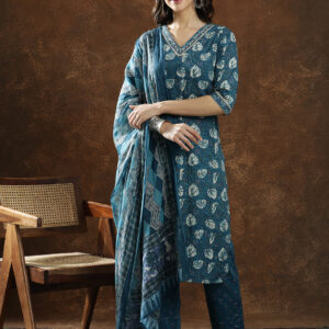 Floral Embroidered Straight Pure Cotton Kurta & Trousers Sets