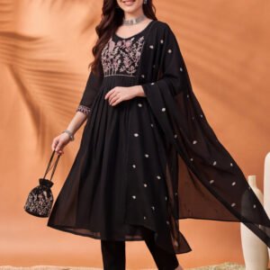 Women's Black Embroidered Anarkali Kurta Set with Dupatta | Mul Cotton Festive Ethnic Wear