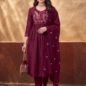 Women's Magenta Embroidered Anarkali Kurta Set with Dupatta | Mul Cotton Festive Ethnic Wear