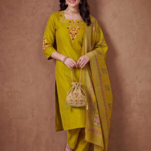 Women's Green Embroidered Kurta Set with Linen Dupatta | Roman Cotton Festive Ethnic Wear