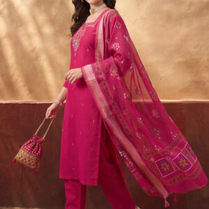 Women's Pink Embroidered Kurta Set with Linen Dupatta | Roman Cotton Festive Ethnic Wear