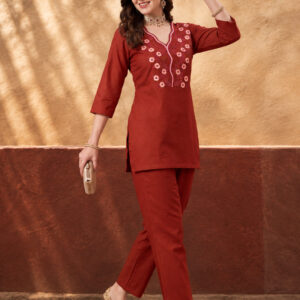 Women's Rust Embroidered Co-Ord Set | Cotton Flex Straight Kurta & Pants Ethnic Wear