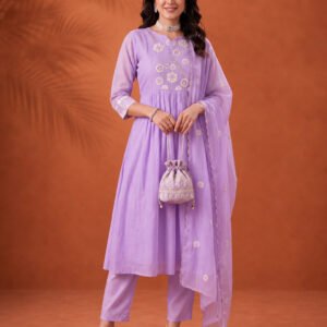 Women's Lavender Embroidered Anarkali Kurta Set with Dupatta | Mul Cotton Festive Ethnic Wear