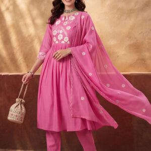 Women's Pink Embroidered Anarkali Kurta Set with Dupatta | Mul Cotton Festive Ethnic Wear
