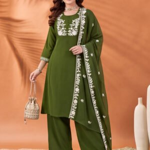 Women's Green Embroidered Kurta Set with Dupatta | Mul Cotton Festive Ethnic Wear