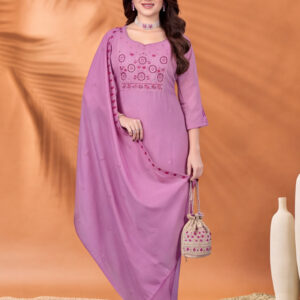 Women's Lavender Embroidered Kurta Set with Dupatta | Mul Cotton Festive Ethnic Wear