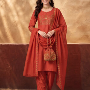 Women's Rust Embroidered Kurta Set with Dupatta | Mul Cotton Festive Ethnic Wear