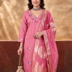 Women's Pink Embroidered Kurta Set with Dupatta | Mul Cotton Festive Ethnic Wear