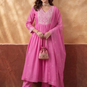 Women's Pink Embroidered Kurta Set with Dupatta | Mul Cotton Festive Ethnic Wear