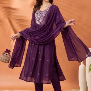 Women's Purple Embroidered Kurta Set with Dupatta | Mul Cotton Festive Ethnic Wear