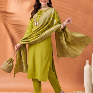 Women's Green Embroidered Kurta Set with Jacquard Dupatta | Mul Cotton Festive Ethnic Wear