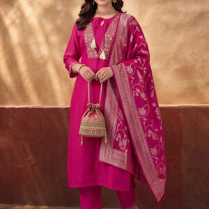 Women's Pink Embroidered Kurta Set with Jacquard Dupatta | Mul Cotton Festive Ethnic Wear