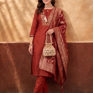 Women's Rust Embroidered Kurta Set with Jacquard Dupatta | Mul Cotton Festive Ethnic Wear