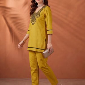 Women's Mustard Embroidered Co-Ord Set | Premium Cotton Flex Kurta & Pants Ethnic Wear