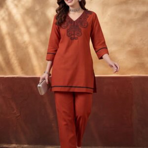 Women's Rust Embroidered Co-Ord Set | Premium Cotton Flex Kurta & Pants Ethnic Wear
