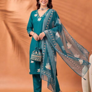 Women's Teal Embroidered Kurta Set with Digital Printed Linen Dupatta | Roman Cotton Suit Set