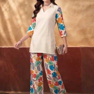 Women's White Tropical Digital Printed Co-Ord Set | Soft Cotton Shirt & Wide Leg Pants