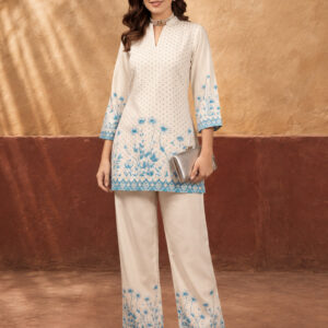 Women's Off White & Blue Floral Digital Printed Co-Ord Set | Soft Cotton Kurta & Palazzo