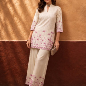 Women's Off White & Pink Floral Digital Printed Co-Ord Set | Soft Cotton Kurta & Palazzo