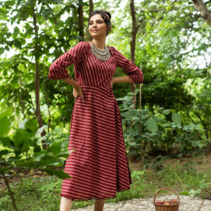 Maroon Geometric A-Line Cotton Kurta