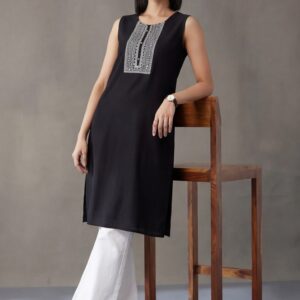 Teal Embroidered Sleeveless Kurta