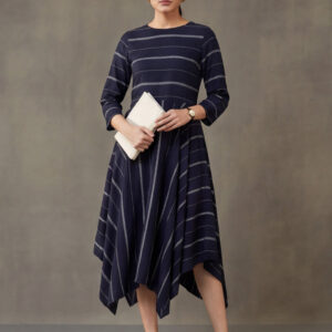 Navy Blue & Off-White Cotton Striped A-Line Dress