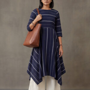 Navy Blue & Off-White Cotton Striped A-Line Kurta