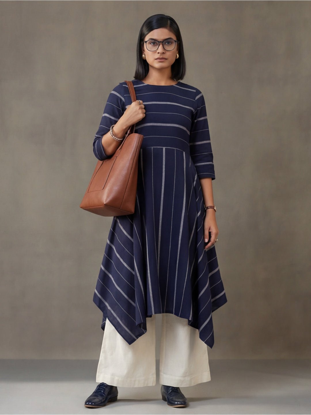 Navy Blue & Off-White Cotton Striped A-Line Kurta