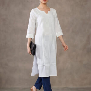Women White Cotton Pin Tucks Straight Kurta