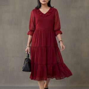 Red Color Polka Self Weave Georgette Tiered Lace Inserted Dress