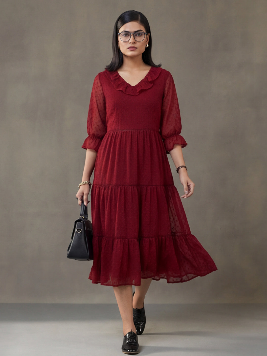 Red Color Polka Self Weave Georgette Tiered Lace Inserted Dress