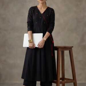 Women Black Angrakha Style Cotton Flared Kurta with Palazzos