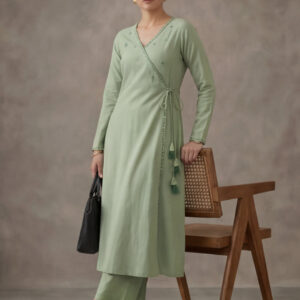 Women Light Green Angrakha Style Cotton Flared Kurta with Palazzos