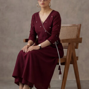 Women Maroon Angrakha Style Cotton Flared Kurta with Palazzos