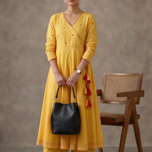 Women Mustard Angrakha Style Cotton Flared Kurta with Palazzos