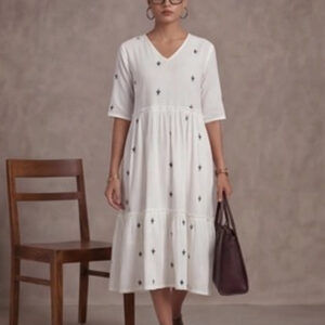 Floral Embroidered A-Line Tiered Ethnic Dress