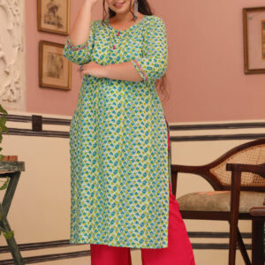 Green Cotton Geomatric Print Straight Fit Kurti