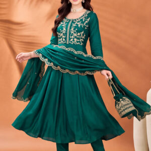 Women's Teal Green Embroidered Kurta Set with Dupatta | Festive Ethnic Straight Suit