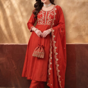 Women's Orange Embroidered Kurta Set with Dupatta | Festive Ethnic Straight Suit