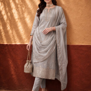 Women's Grey Woven Zari Kurta Set with Dupatta | Festive Ethnic Straight Suit