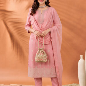 Women's Peach Woven Zari Kurta Set with Dupatta | Festive Ethnic Straight Suit
