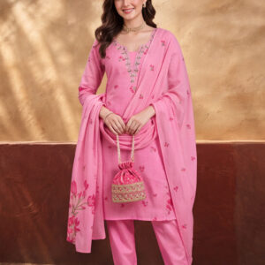 Women's Pink Floral Printed Kurta Set with Dupatta | Embroidered Neck Ethnic Suit